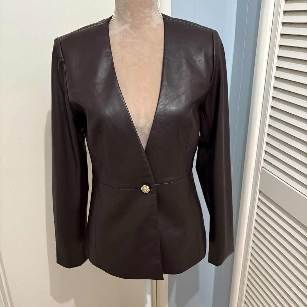Elie Tahari Blazer Chocolate Brown Faux Leather Gold Button Lined Size 4 Jacket